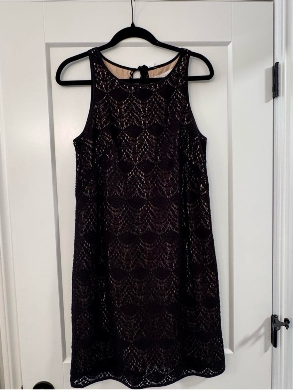 LOFT Black Lace Overlay Shift Dress with Nude Lining